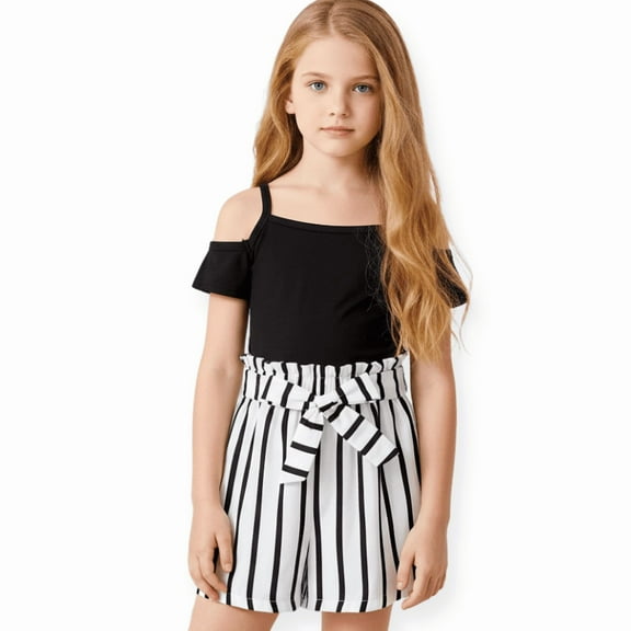 PatPat Kid Girls Cold Shoulder Camisole with Belted Stripe Shorts 2 Pieces Outfit Set Sizes 5-12