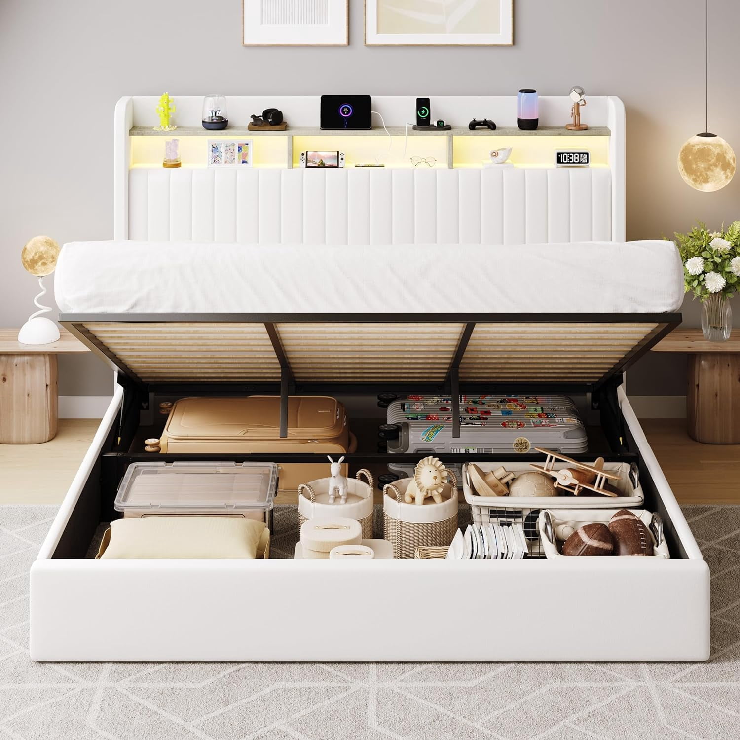 SHA CERLIN King Size Lift Up Storage Bed Frame, LED Lights, Charging Station, 2-Tier Shelves Headboard, USB Type-C Ports, Velvet Upholstered, Hydraulic Support, Noise Free, White