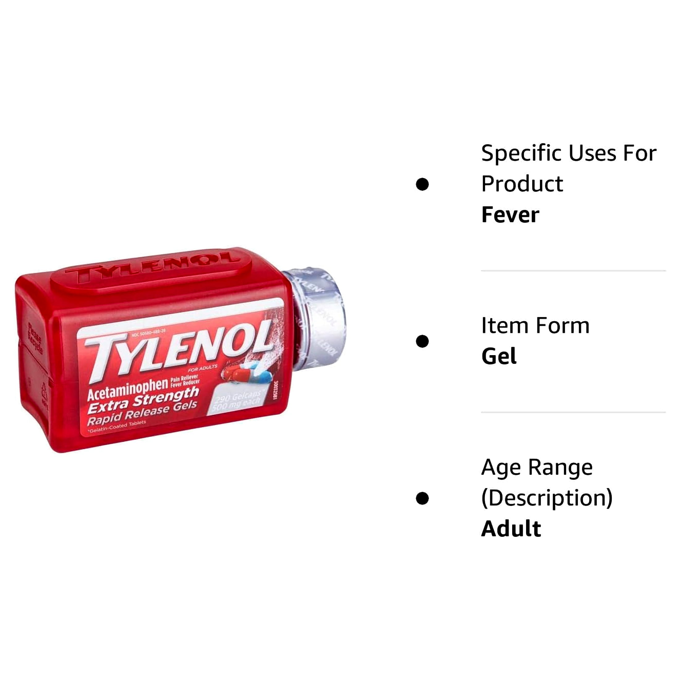 Tylenol Rapid Release Extra Strength Acetaminophen 500 Mg, Pain & Fever Relief, 290 Gelcaps