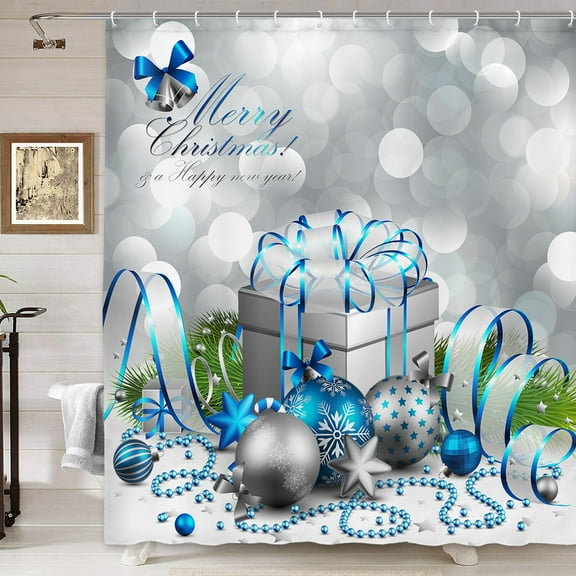 Holiday Shower Curtain, Happy Merry Christmas Silver and Blue Xmas Ball and Gift Box for New Year Bath Curtains, Fabric Shower Curtain Bathroom Accessories 12PCS Hooks 72X72IN
