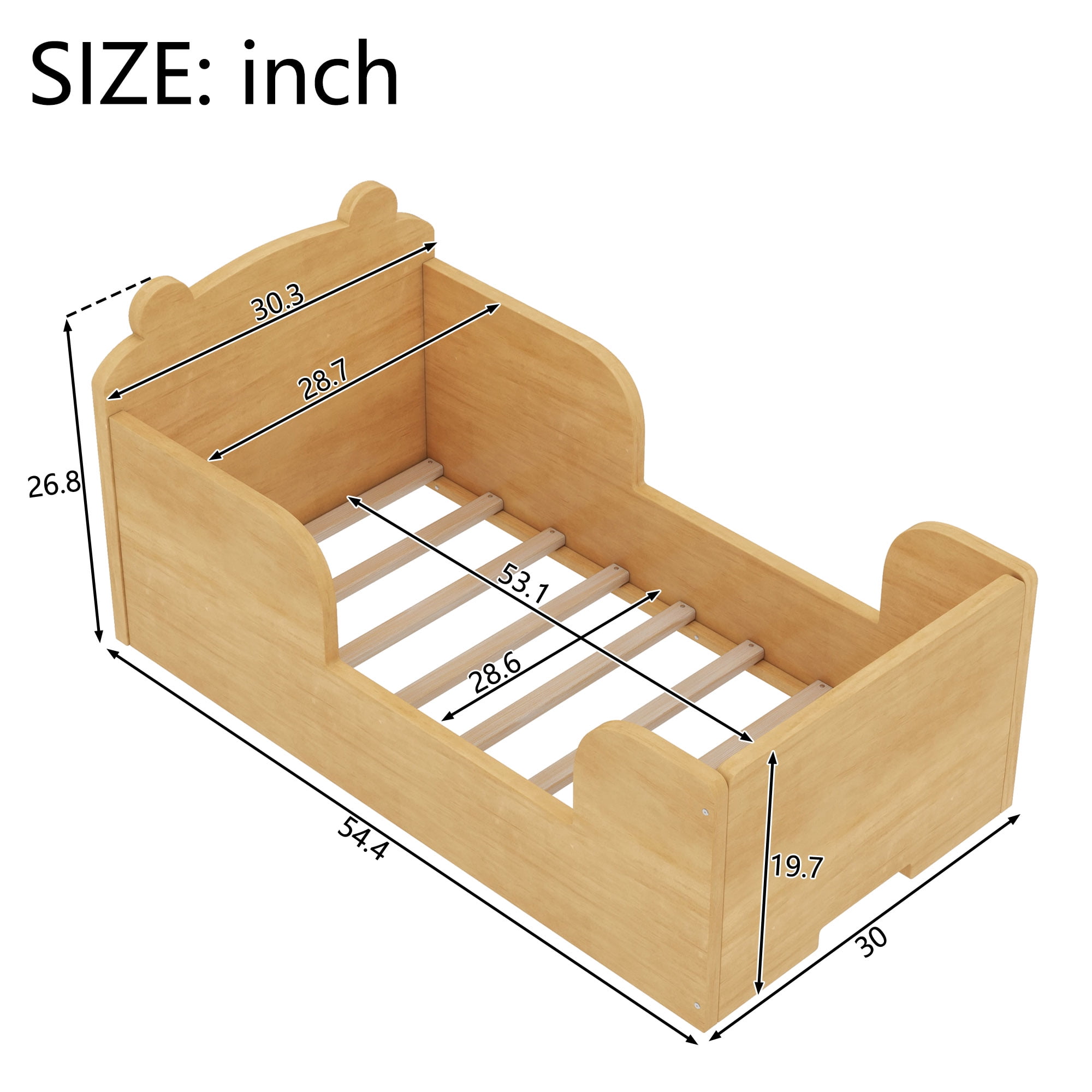 Aukfa Toddler Bed, Floor Bed Frame with Safely Rail and Bear Shape Headbroad for Kids Ages 2-6, Natural