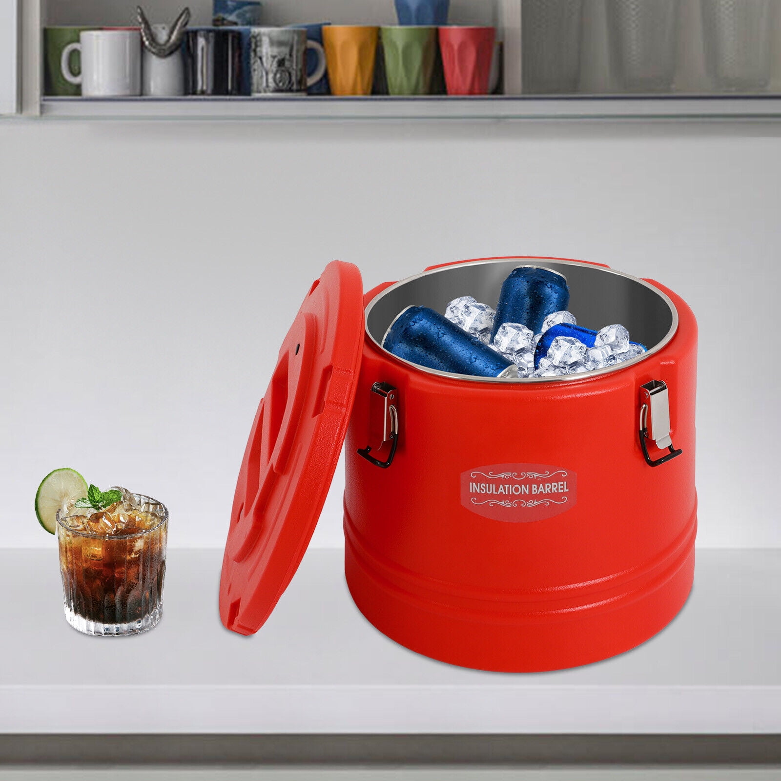 Red 30L Insulated Bucket, Commercial Beverage Cooler 31.7Qt 3-Layer Leak-Proof