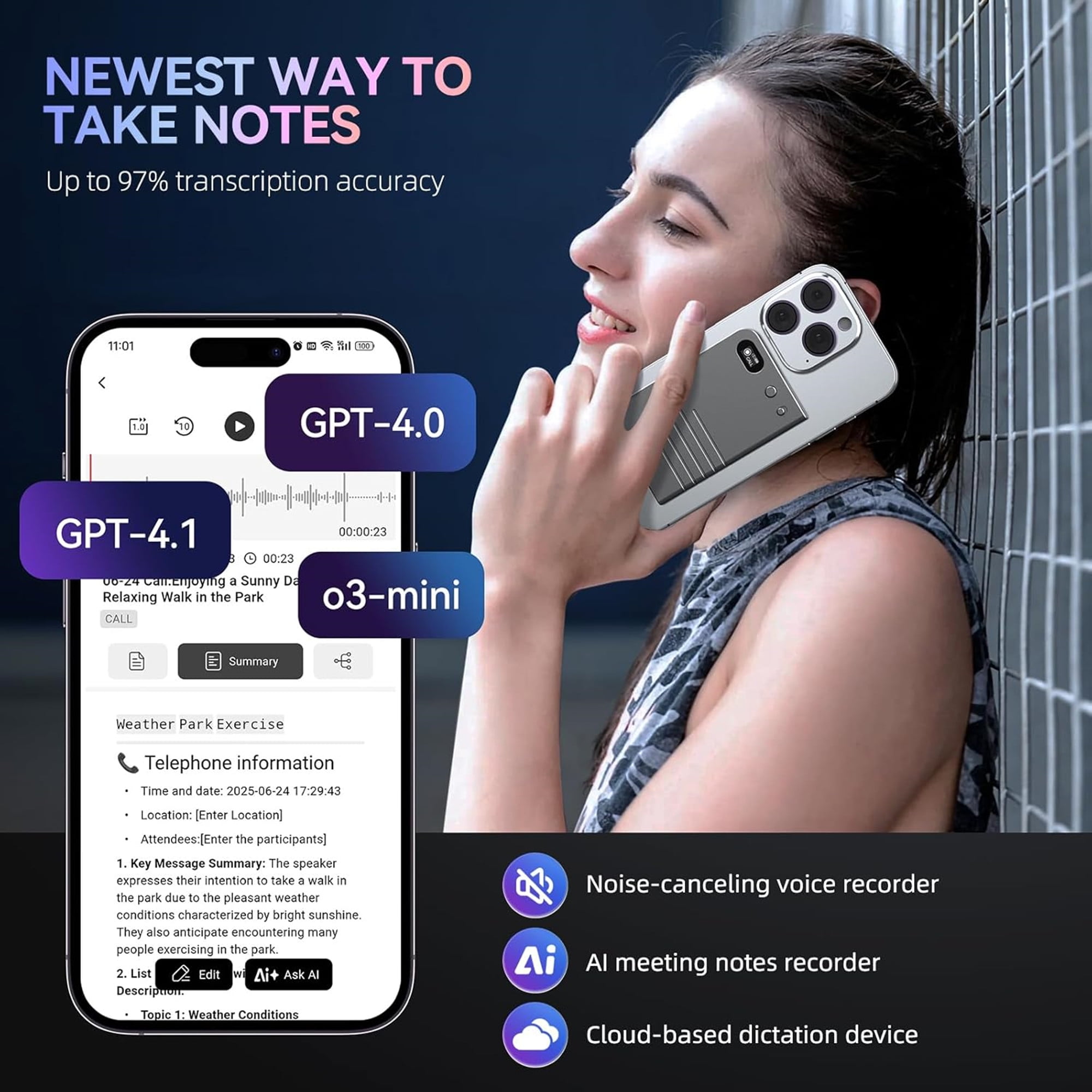 E EYAFA AI Voice Recorder, Transcribe, Summarize: Note Voice Recorder with APP Control, 64GB Memory, AI Notetaker for Calls, Lectures, Meetings, Smart Note Taker Audio Recorder