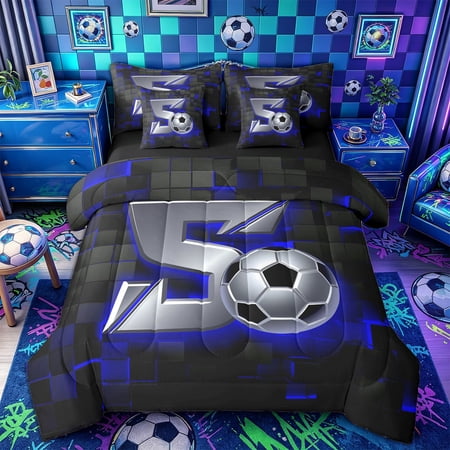 Castle Fairy 3D Metallic Letter S Soccer Print Full Size Bedding Sets 7 Pieces Futuristic Sports Graphic Full Size Bed in a Bag Silver Black Blue Black Reversible