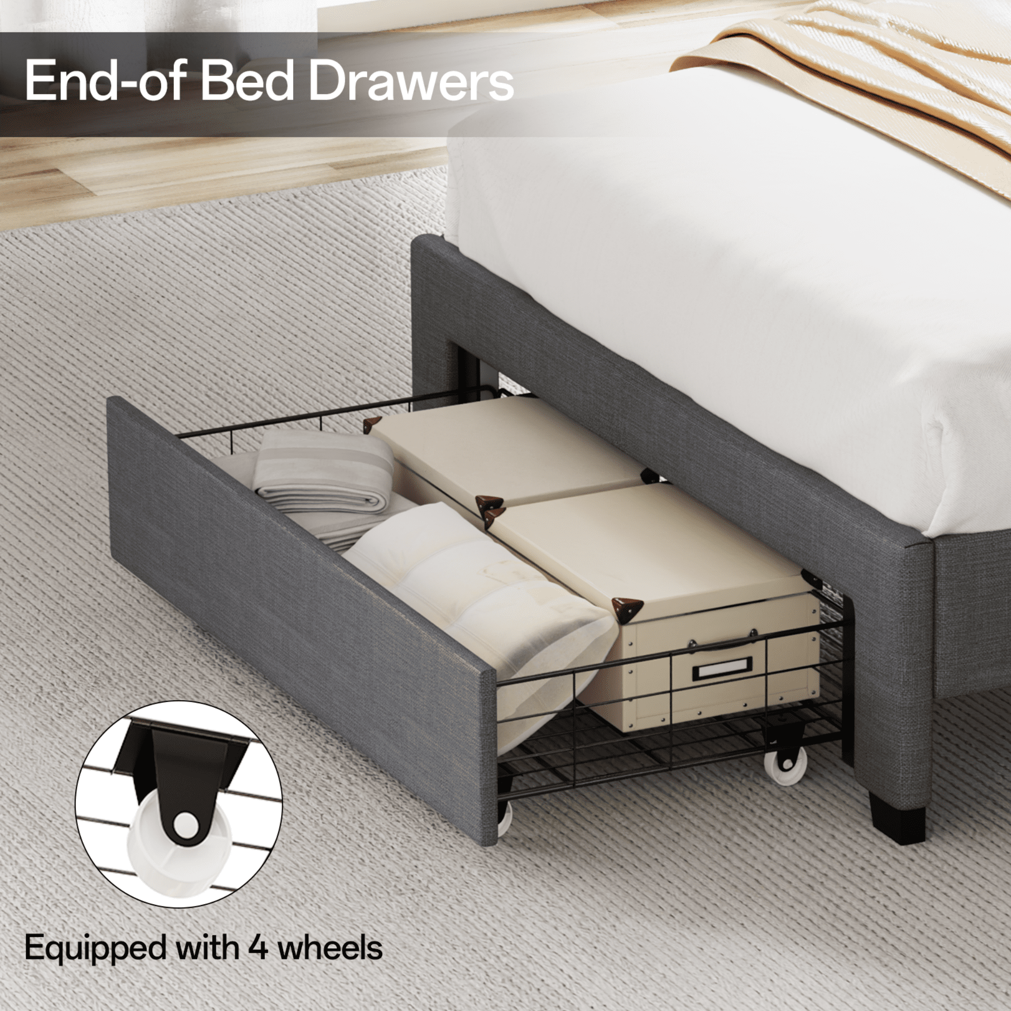 Gewnee Twin Size Upholstered Linen Bed Frame with Storage Headboard, Drawer & Charging Station, No Box Spring Needed, Grey