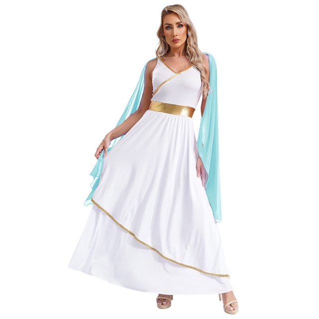 Mufeng Robe Maxi Dieu Grecque Ancienne Sans Manches Col en V Costume Romain Toga pour Halloween Bleu Clair TTG
