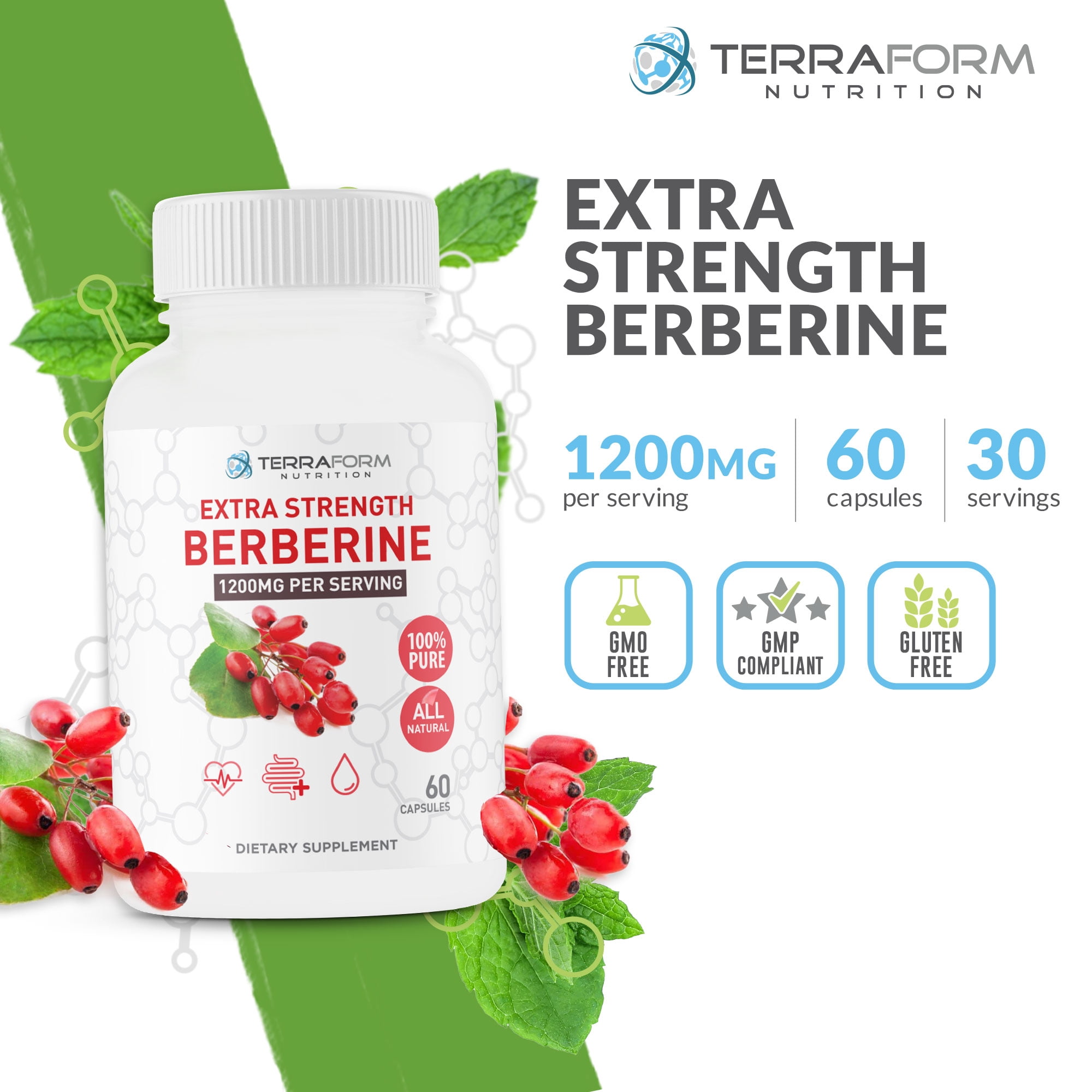Berberine HCL 1200mg Daily - High Potency Pure Berberine Supplement 600mg per Capsule - 60 Capsules - Supports Metabolic Health, Energy & Wellness - Made in USA - 2 Pack