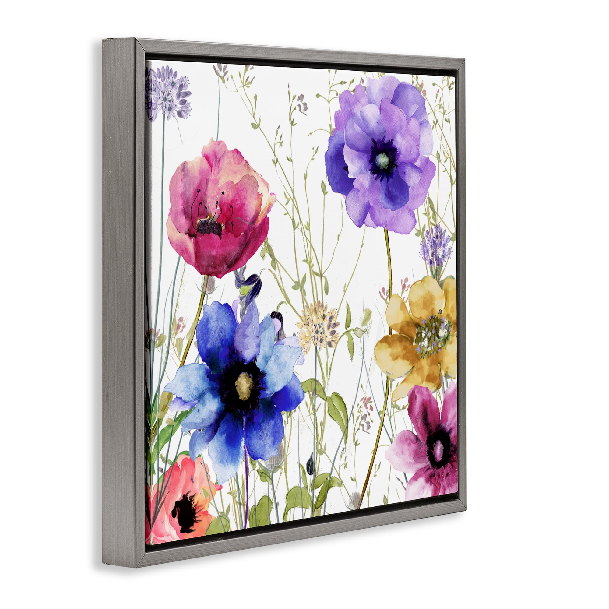 Modern Spring Garden Flowers Gray Framed Floater Canvas Wall Art, design by Sasha