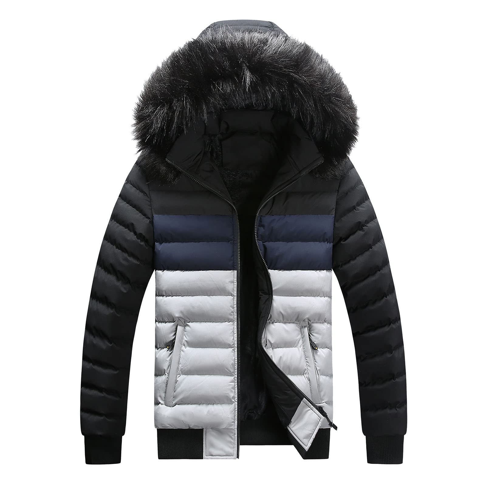 Mens Puffer Jacket with Faux Fur Hood Full Zip Up Hooded Winbreaker