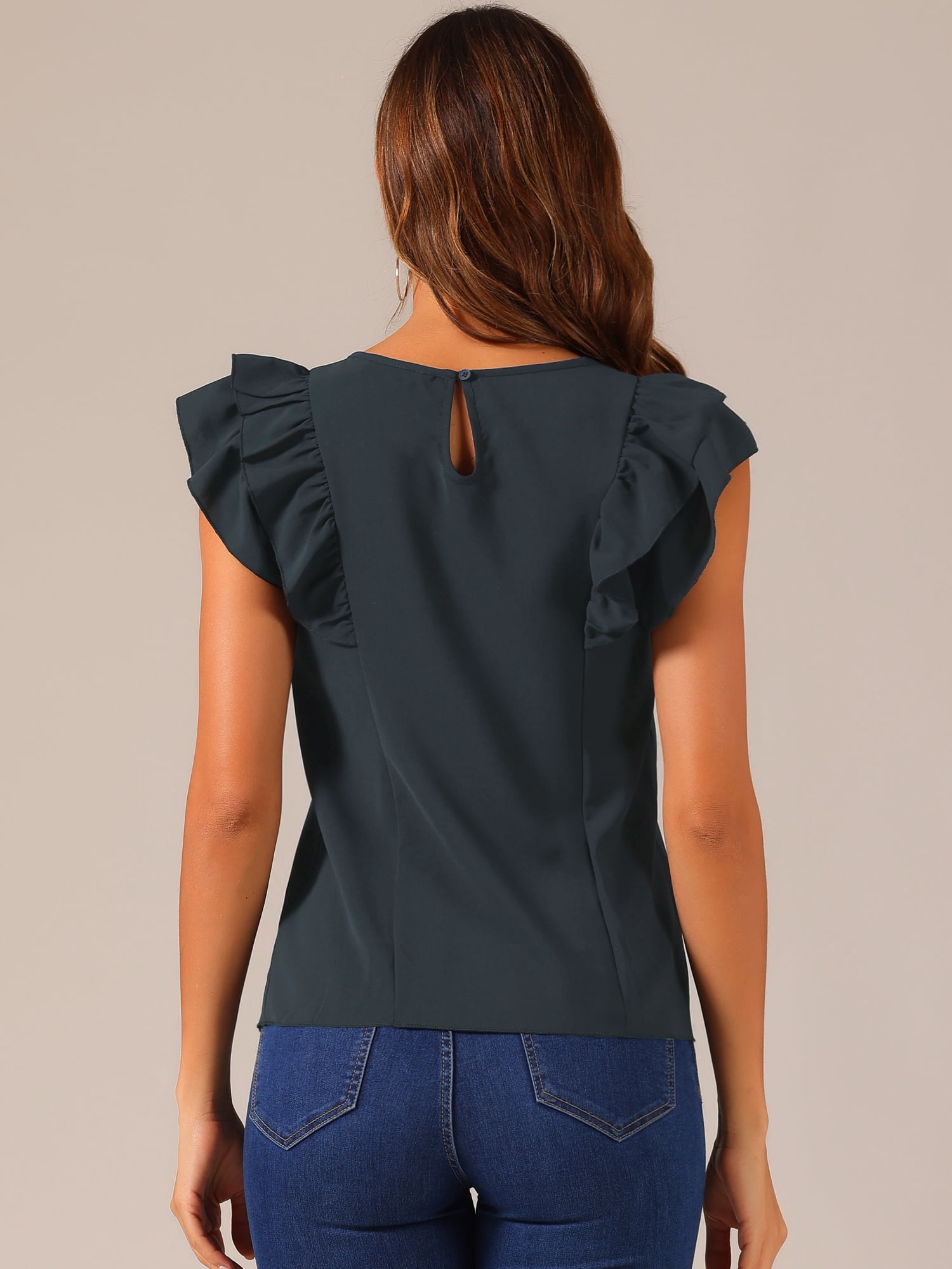 DARING DIVA Women's Ruffle Round Neck Layer Cap Sleeve Blouses XS Black
