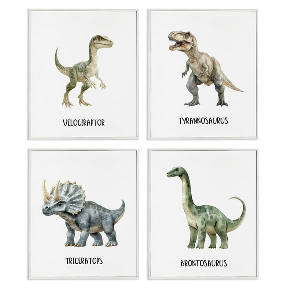 Stupell Industries Meet The Dinosaurs 4 Piece White Framed Giclee Art Set, design by Christine Simpson Art