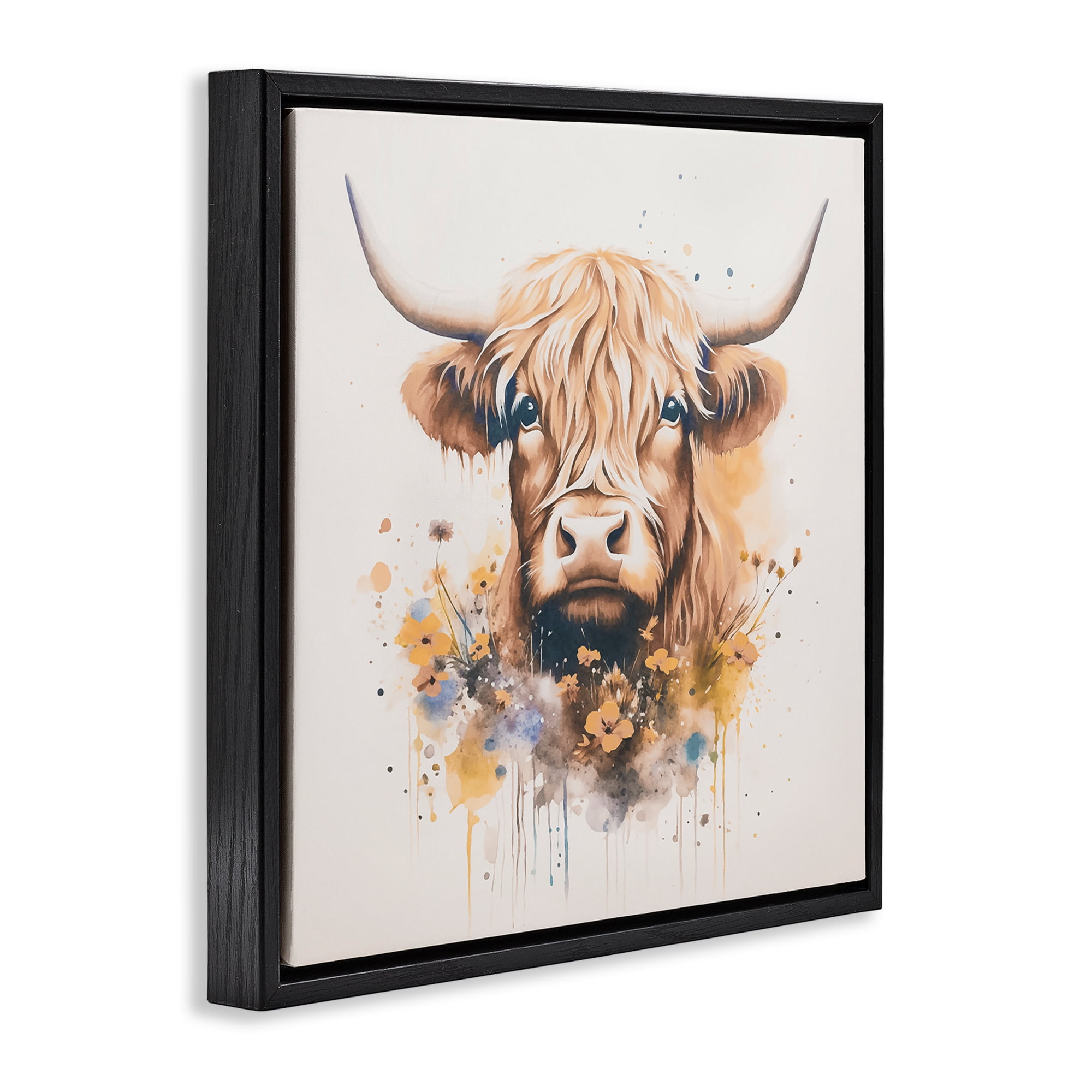 Stupell Industries Fancy Florals Highland Cow Animals Painting Black Floater Framed Canvas Art Print Wall Art, 18 x 18