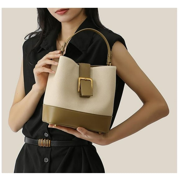 Women’s Bucket Bag Canvas with Genuine Leather , Lightweight Shoulder Handbag with Top Handle and Buckle Design