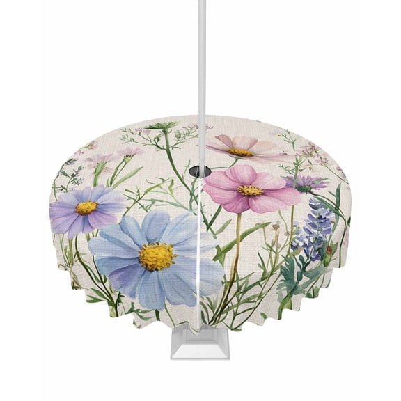 Fsddascl Spring Floral Outdoor Tablecloth - 54 Inch Round Dining Table Cover, Wildflowers Herbs Summer Botanical Vintage Waterproof Outdoor Table Cloth with Umbrella Hole & Zipper for Picnic/Patio