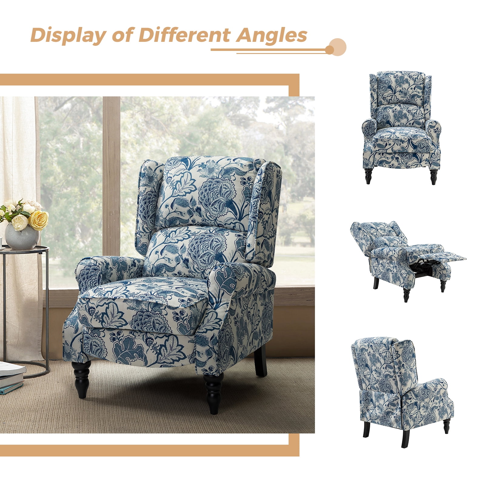 Tina's Home Vintage Floral Wingback Manual Push Back Recliner Chair for Living Room Home Theater GREENGUARD Certified Blue