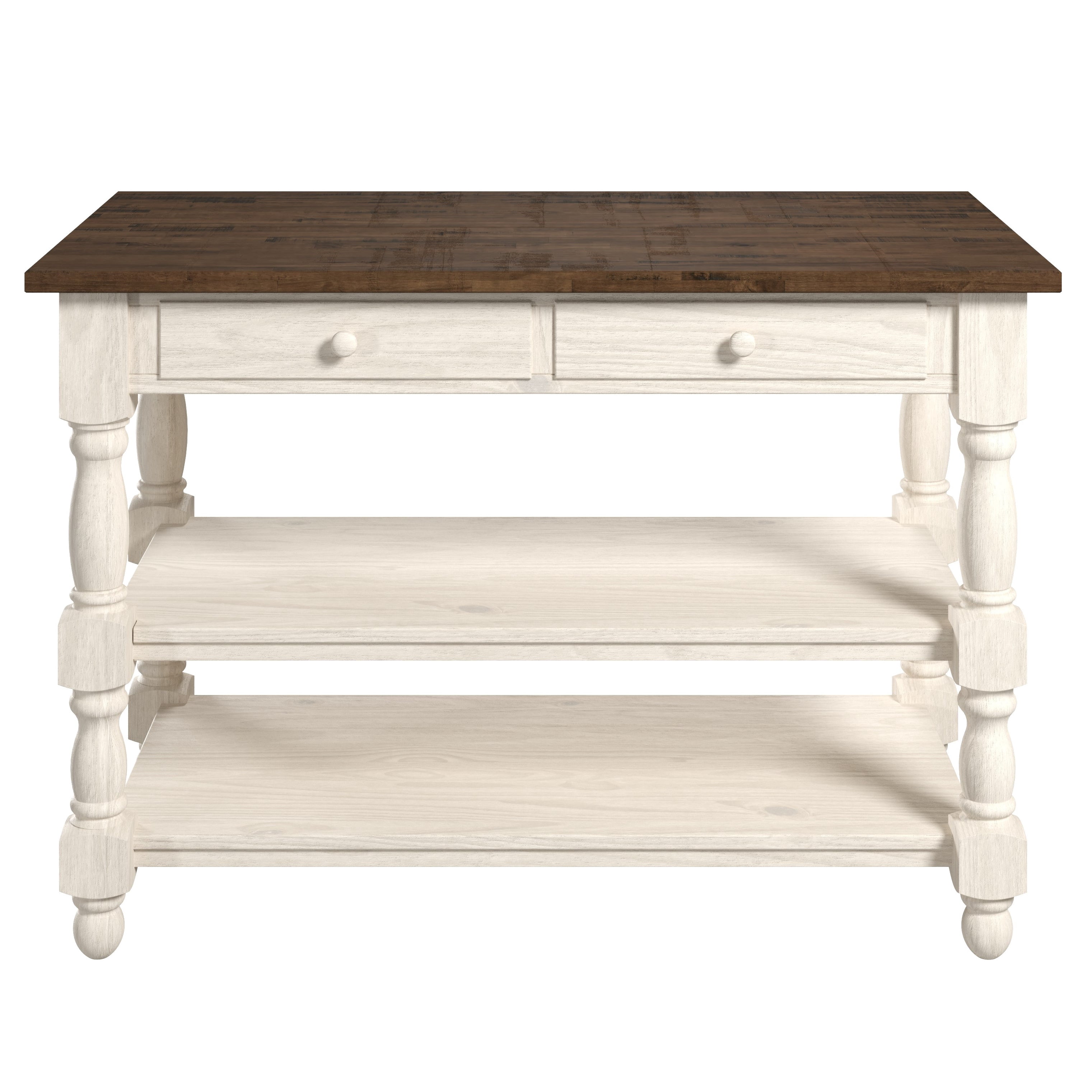 OSHOME 52" Farmhouse Kitchen Island with Drawers and Shelves – Solid Wood Kitchen Prep Table, Harvest White with Distressed Brown Top