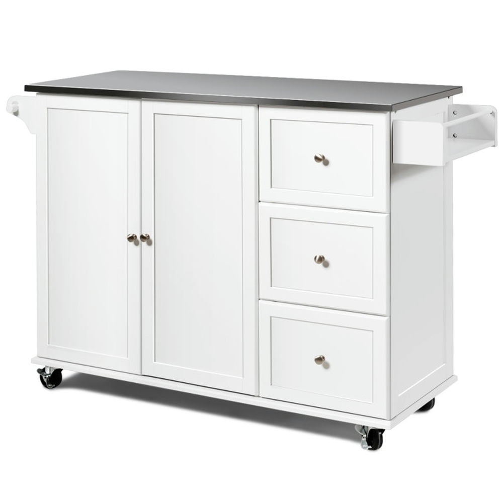 Finihen Rolling Storage Cabinet Cart, Kitchen Island Cart, Kitchen Island 2-Door Storage Cabinet with Drawers and Stainless Steel Top, for Kitchen, Dining Room, White Finihen Rolling Storage Cabinet Cart, Kitchen Island Cart, Kitchen Island 2-Door Storage Cabinet with Drawers and Stainless Steel Top, for Kitchen, Dining Room, White