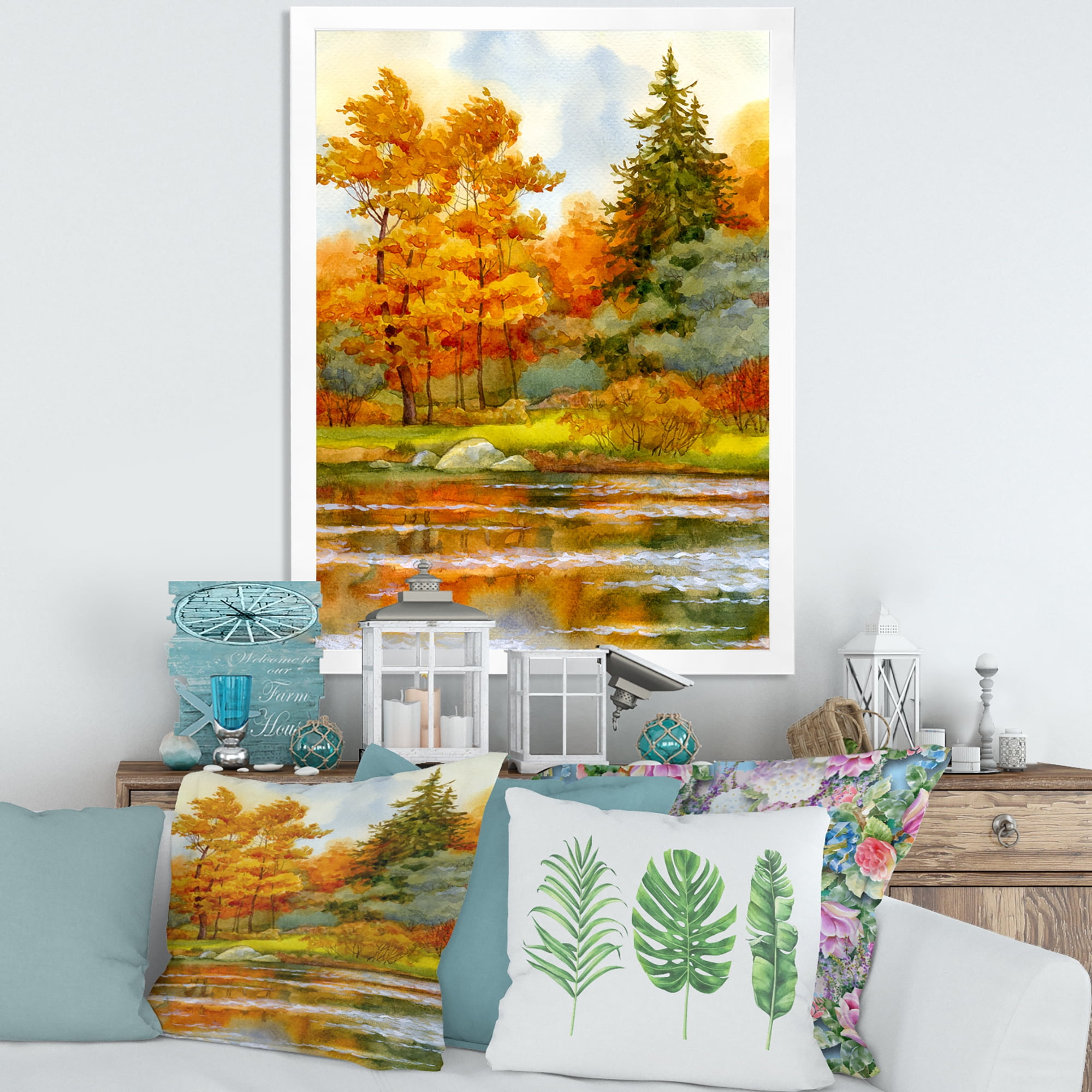 Designart 'Autumn Forest By The Lake Side III' Lake House Framed Art Print