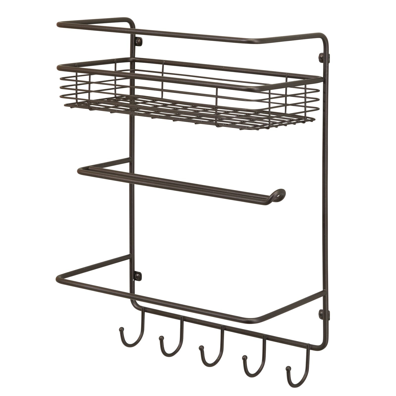 mDesign Metal Wall Mount Paper Towel Holder with Storage Shelf & Hooks
