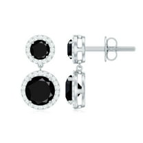 Rosec Jewels Natural Black Onyx Dangle Earrings with Moissanite Halo for Women (AAA Quality), 10K White Gold