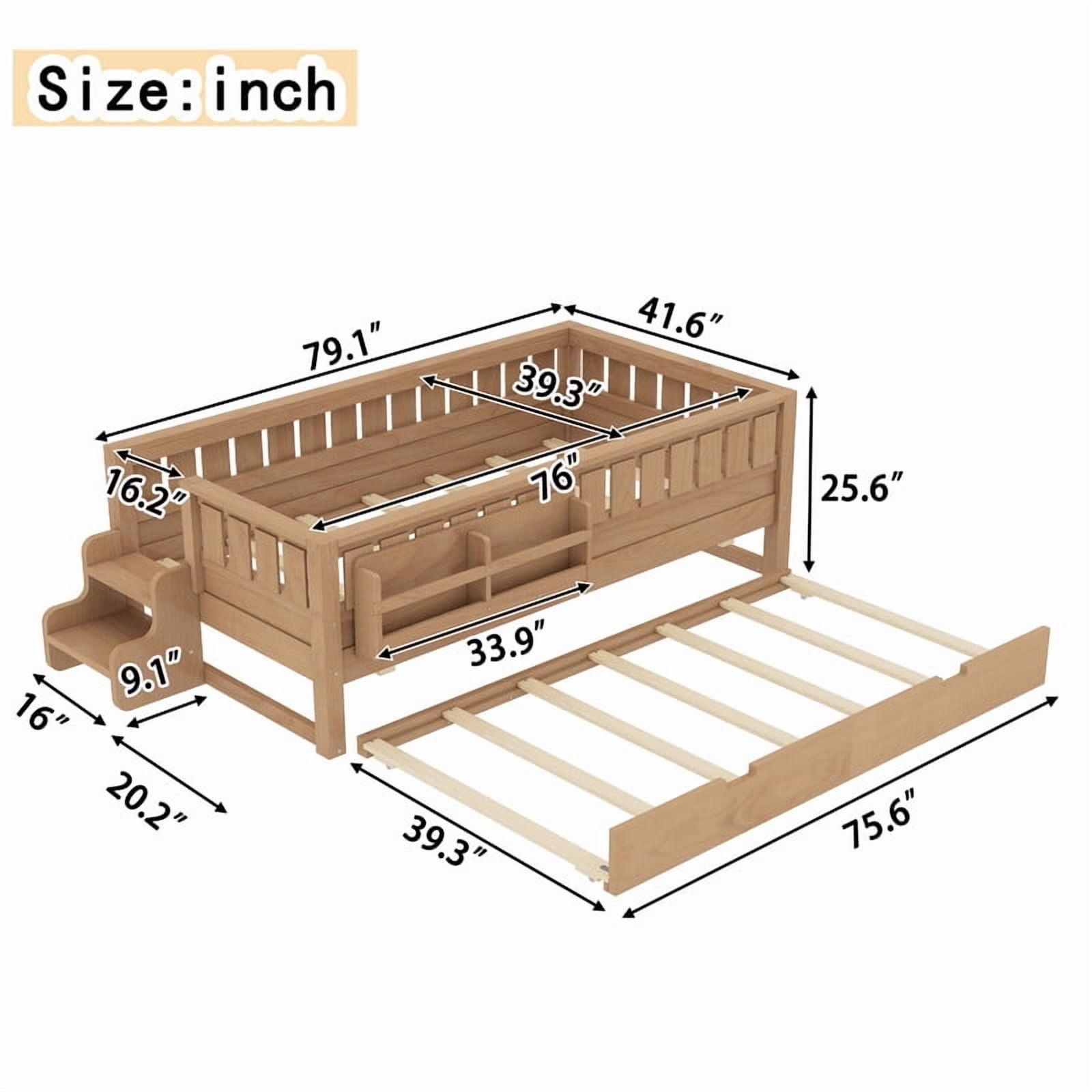Twin Size Low-Profile Kid's Platform Bed with Built-in Bookshelves & Small Staircase, Wooden Bed Frame with Safety Rails & Trundle