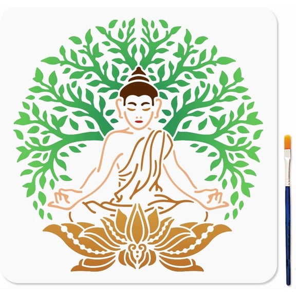 Tree of Life Stencil Lotus Throne Tree Branch Stencils with Paint Brush 11.8×11.8inch Elements Reusable Drawing Templates for Craft on Window Wood Wall Home Decoration