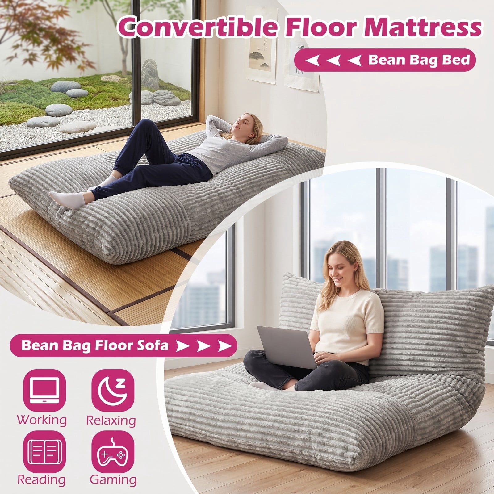 Furnibear Convertible Bean Bag Floor Sofa, Corduroy Machine-Washable Cover Shredded Foam Lounger Bean Bag Bed for Living Room Gaming Reading Dorm Naps, Gray