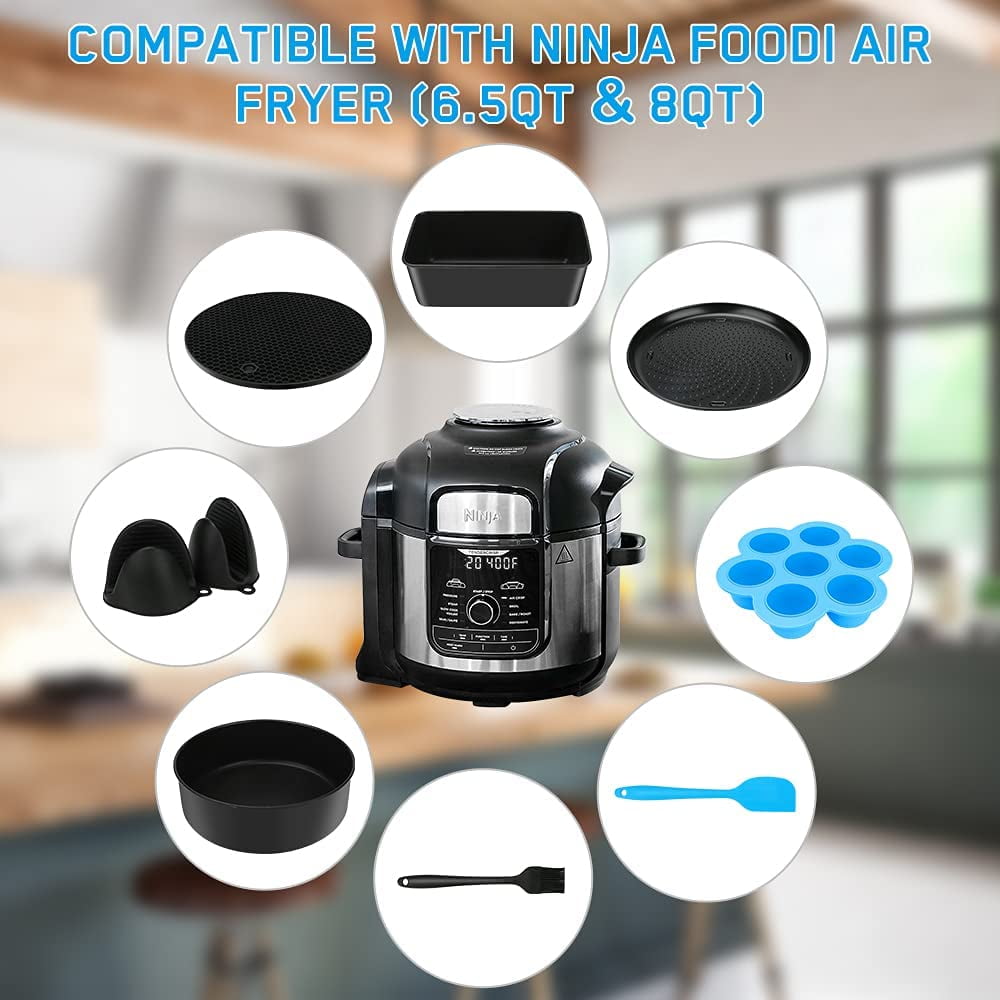 9Pcs Deluxe Air Fryer Accessories Bake Kit Compatible with 6.5qt 8qt NINJA FOODI Pressure Cooker Includes Cake Pan Pizza Pan Loaf Pan Egg Bites Mold Mat Oven Mitts Oil Brush Spatula
