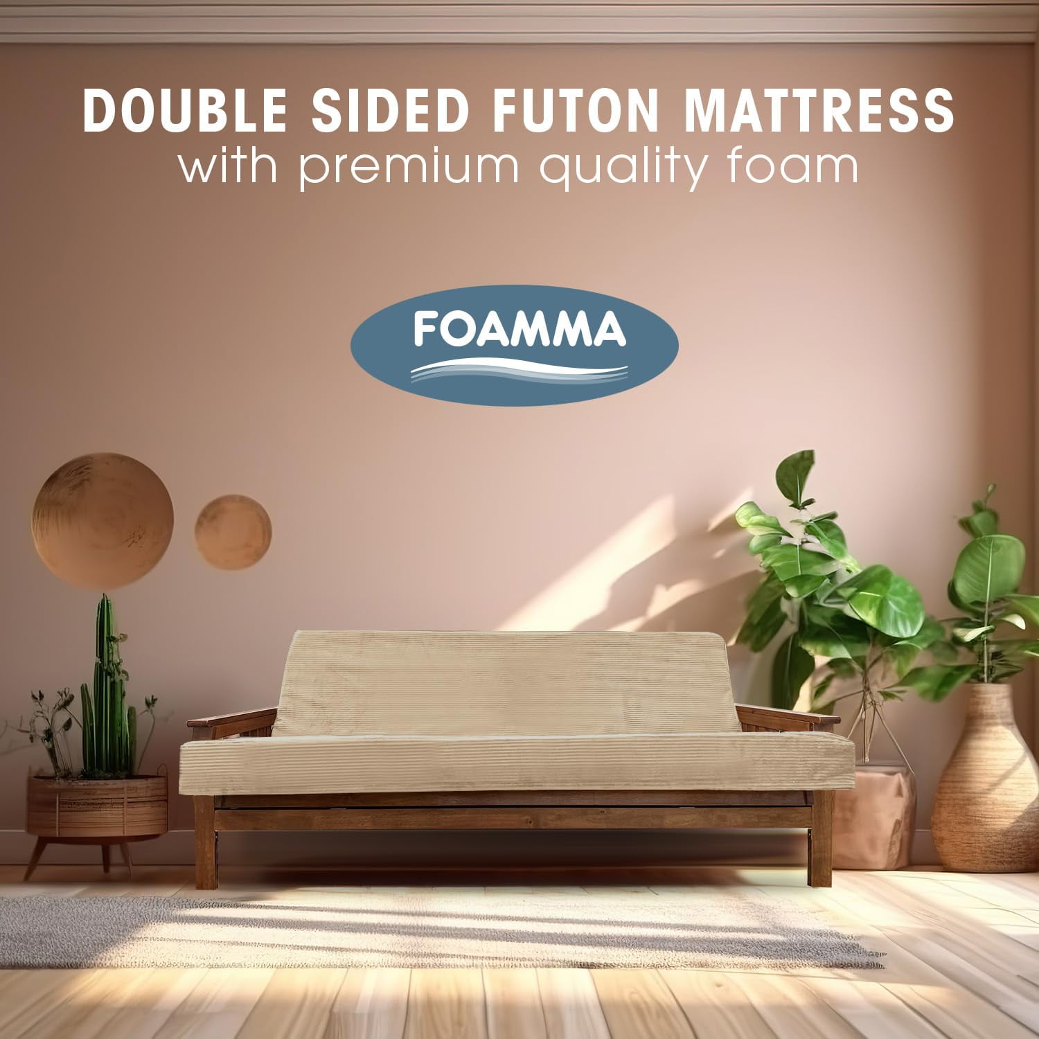 Foamma Memory Foam Futon Mattress, Double-Sided Foldout Couch Futon Mattress - Twin Size (Beige) - Comfortable and Heavy Duty Sofa Bed, Thick Corded Cushion for All (Frame NOT Included)