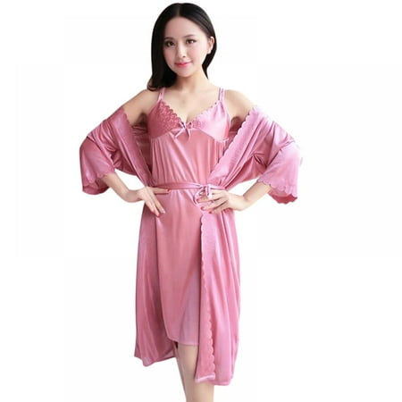 

Women s Nightgown And Robe Set Sexy Milk Silk Sleepwear V Neck Lace Sling Nightdress