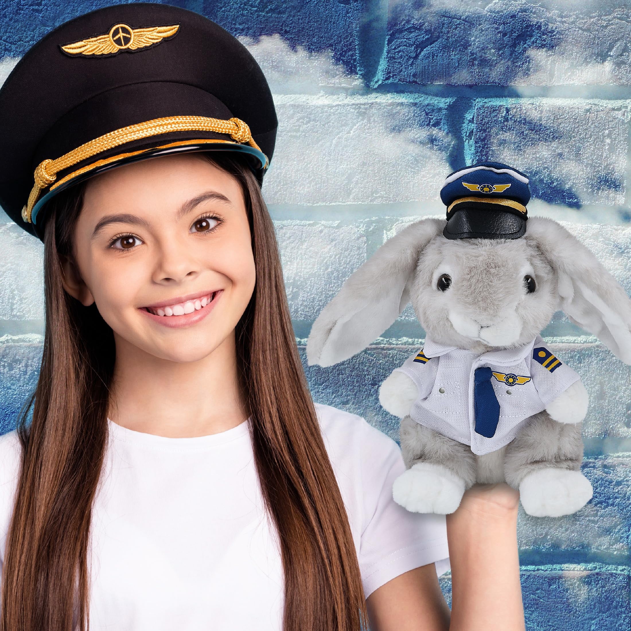 DolliBu Super Soft Grey Rabbit Stuffed Animal with Pilot Costume - Cute Farm Plush Toy with Airplane Aviation Uniform Dress Up - 6.5 Inches