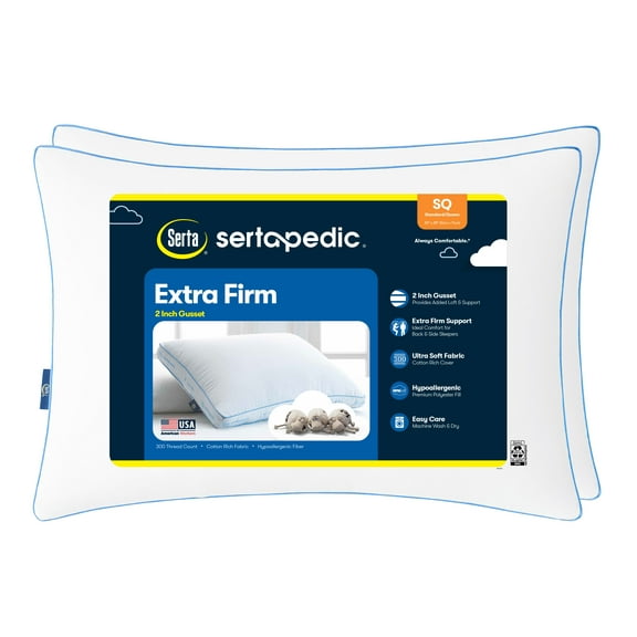 Sertapedic Extra Firm Pillow, Standard/Queen, 2 Pack, Hypoallergenic
