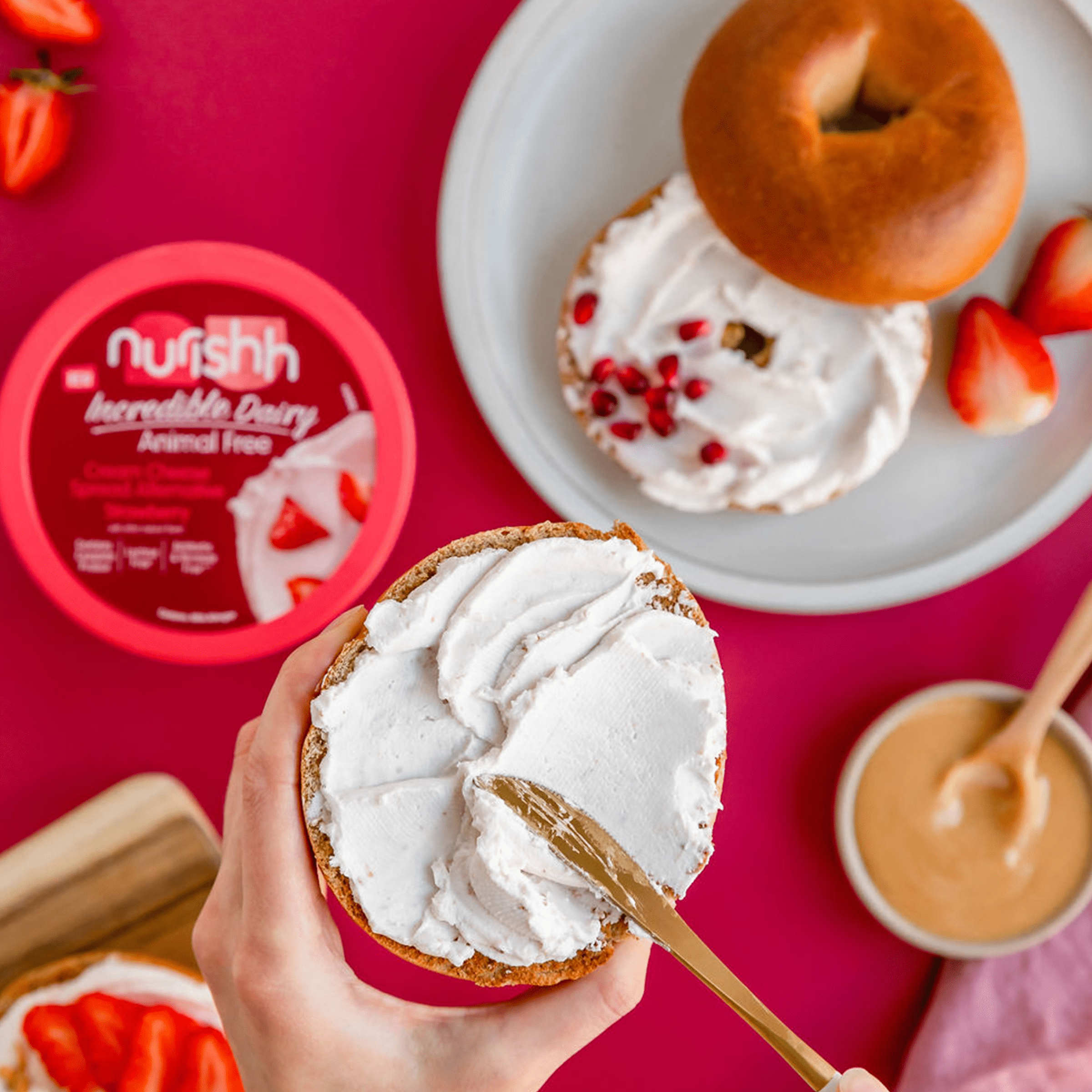 Nurishh Lactose Free Spreadable Cream Cheese Alternative  Strawberry, 6.5 oz. Tub. Refrigerated