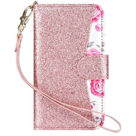 ULAK Wallet Case for iPod Touch 6/ iPod Touch 5 and iPod Touch 7 (2019 Released), Bling Glitter PU Leather Case with Multi Credit ID Card Holders Pockets Folio Magnetic Closure Cover,Rose