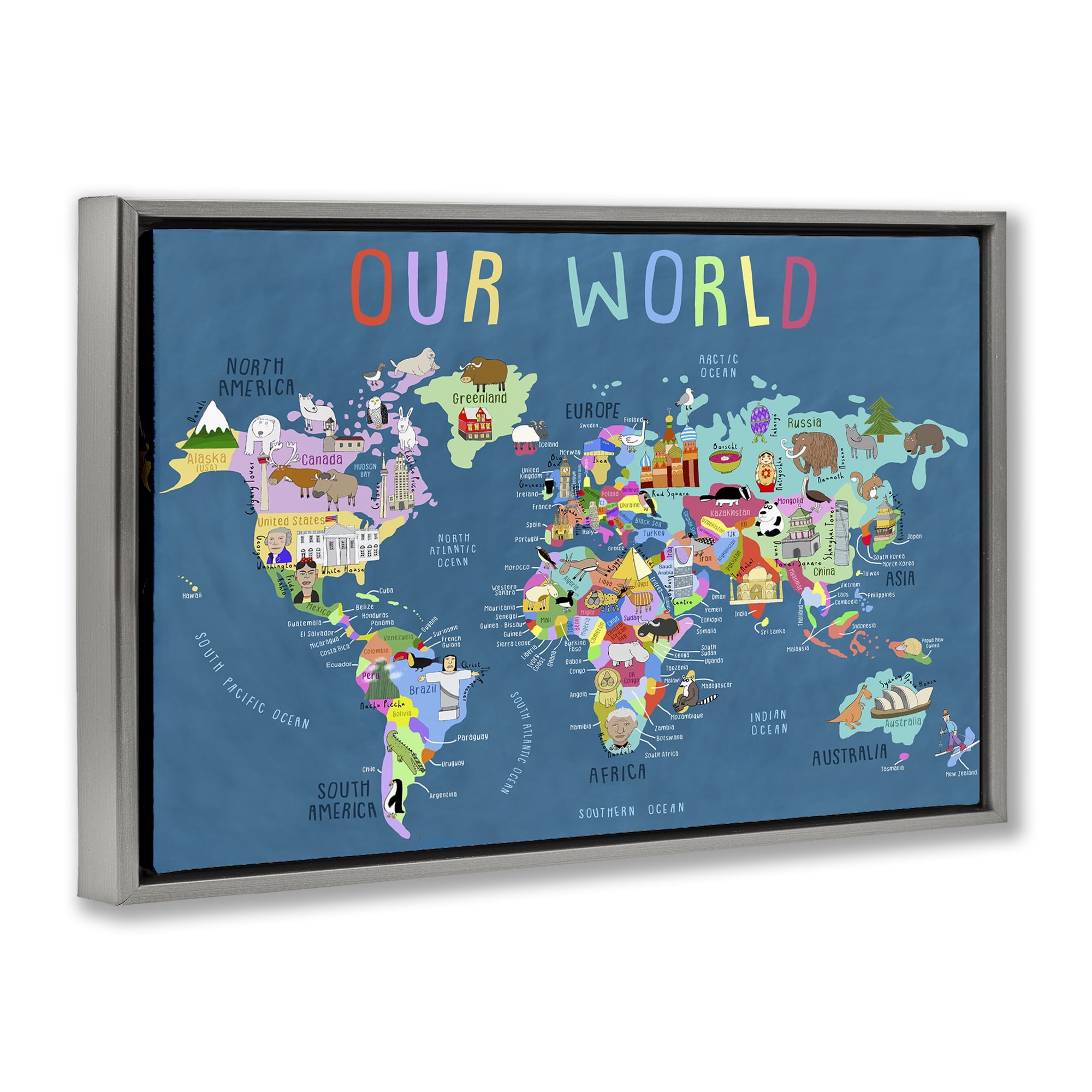 Stupell Industries Our World Map Education Painting Gray Floater Framed Canvas Art Print Wall Art, 31 x 21