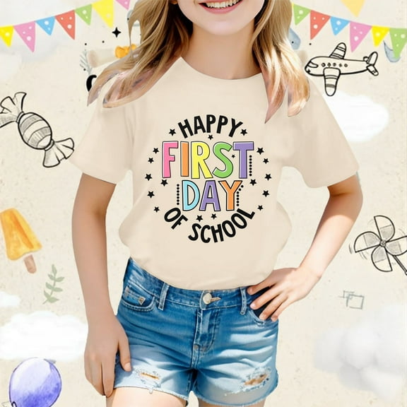 Tfken Toddler Child Girls T-Shirts Back To School Short Sleeve Letter Print Summer Tee Comfortable Crew Neck Beige Tops Size 3 Years-4 Years