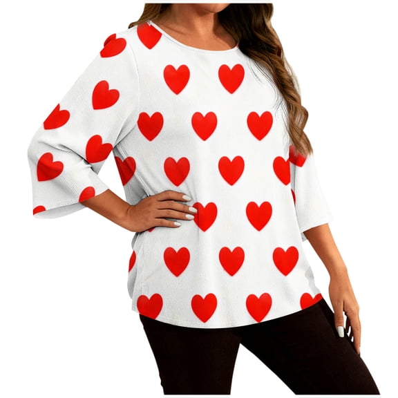 Lenpel Women's Plus Size Tops 3/4 Length Sleeve Crew Neck Curved Hem Heart Printed T Shirts Loose Casual Tunic Blouses(White,X-Large)