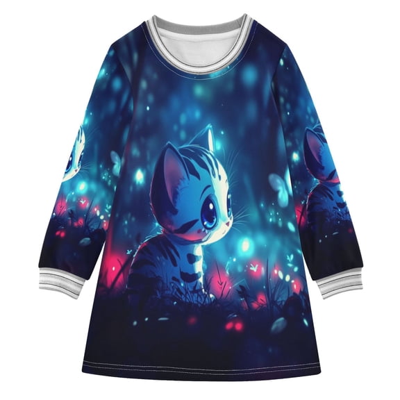 Cartoon Cute Cat Girls'long-sleeved dress Thickened A-dress Warm Dress Basic Shirt Party Dresses