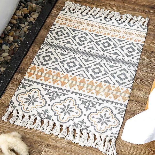90 x 60 cm, Pequeña alfombra bohemia en algodón tejido con pompones, lavable, estilo rústico, bohemio, vintage, para cocina, baño, dormitorio, lavadero,