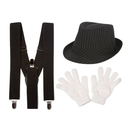 Mime Costume Kit, Black Fedora, Black Suspenders, White Gloves ...