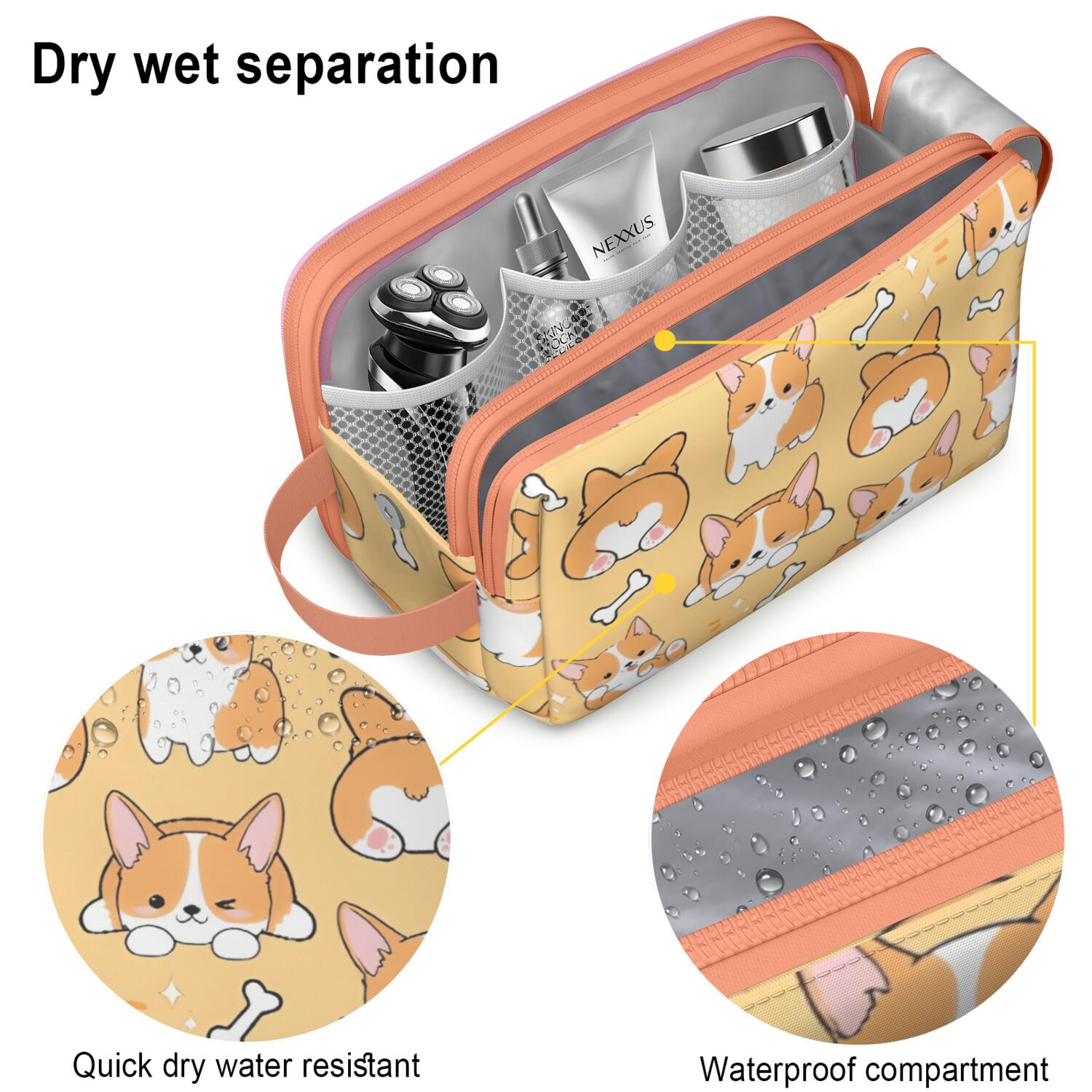 Toiletries Bag,Corgi Dog and Footprints Mens Womens Toiletry Bag Bathroom Bag,Waterproof Toiletry Travel Bag Dopp Kit Shaving Bag 11x6.3x5.1 Inch