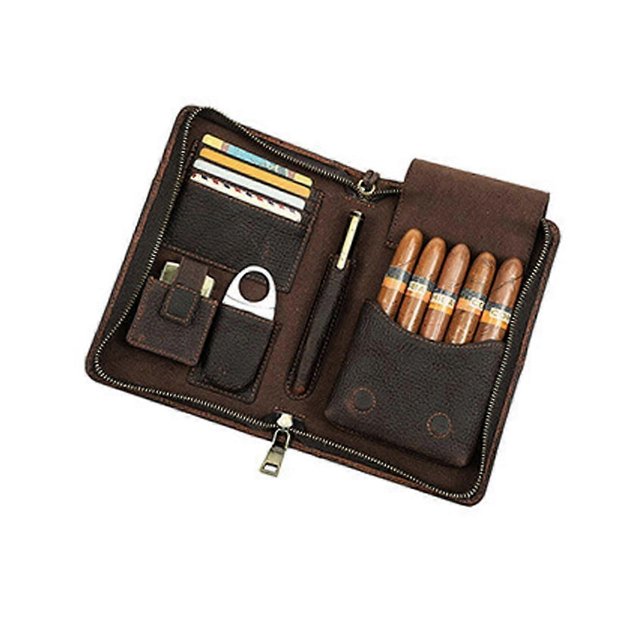 Genuine Leather Cigar Case Holder Travel Humidor Set Lighter Cutter Pocket Box