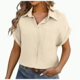 thumbnail image 3 of ORT Womens Button up Linen Shirt Short Sleeve Shirts Summer Fashion Cotton Linen Shirt Top Blouses with Pocket(Beige-01,XXL), 3 of 8