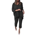 thumbnail image 2 of 3/4 Sleeve Lapel Casual Solid Color Polyester Two Piece Set Of Tops And Pants,Women Summer Comfortable Elastic Waist Shirt Capri Pants, 2 of 7