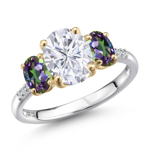 Gem Stone King 925 Silver and 10K Yellow Gold White Moissanite and Green Mystic Topaz and Lab Grown Diamond Engagement Ring for Women | 3.36 Cttw | Oval 9X7MM | Birthstone | Size 5