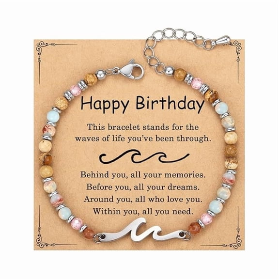 Birthday Gifts for Women, Adjustable Wave Charm Beaded Bracelet, Sentimental Jewelry with Card for Mom Sister Best Friend, Stainless Steel Birthday Present.
