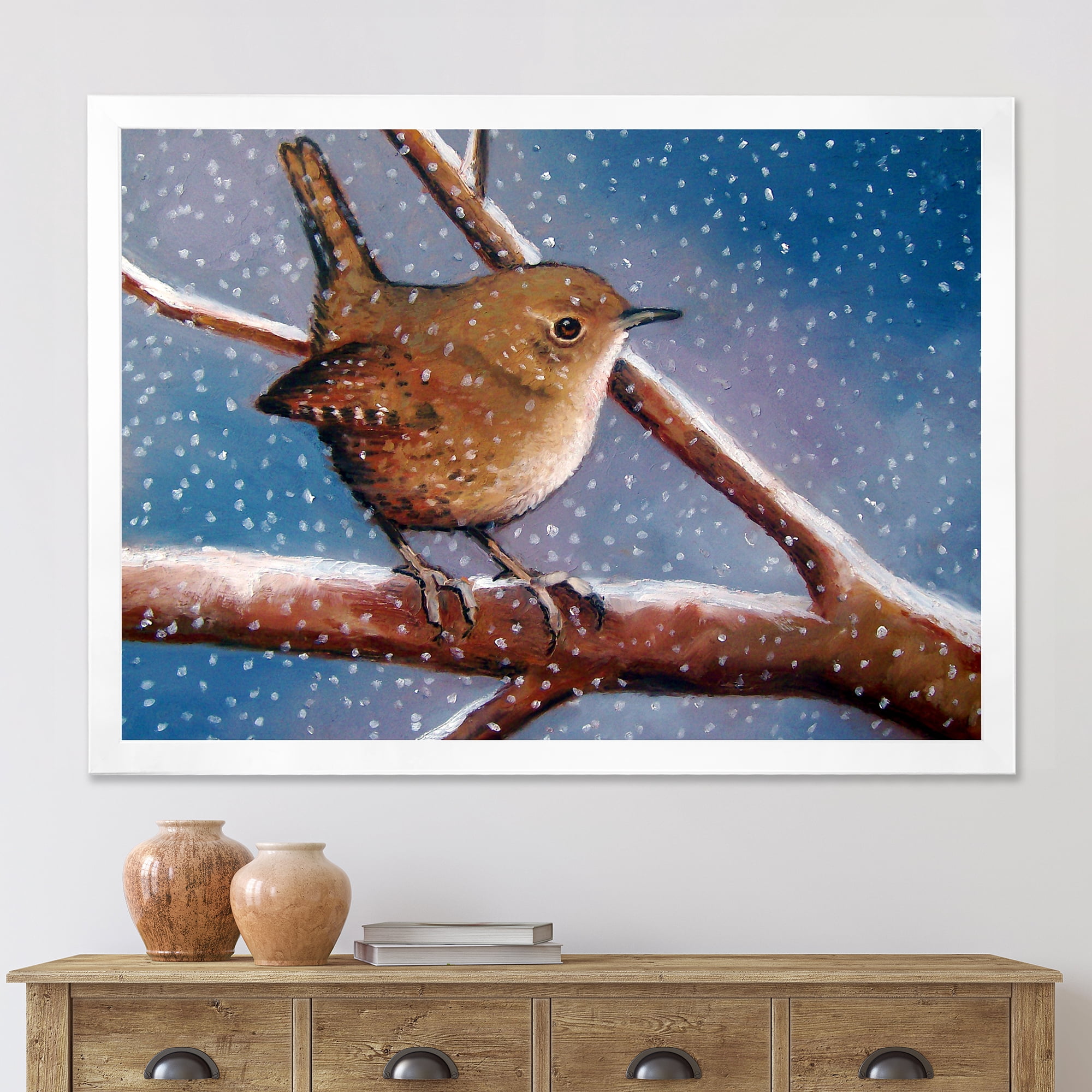 Designart 'Wren Bird On Branch In Winter' Farmhouse Framed Art Print