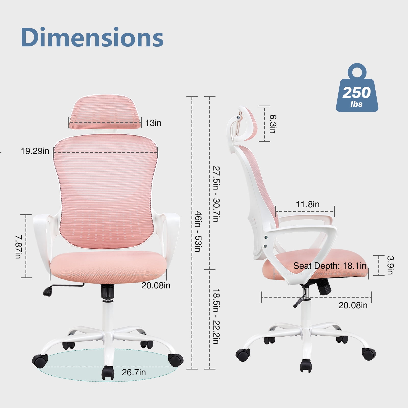 JOINSUN Ergonomic Mesh Office Desk Chair with Adjustable Headrest, Lumbar Support and Fixed Armrests, Pink