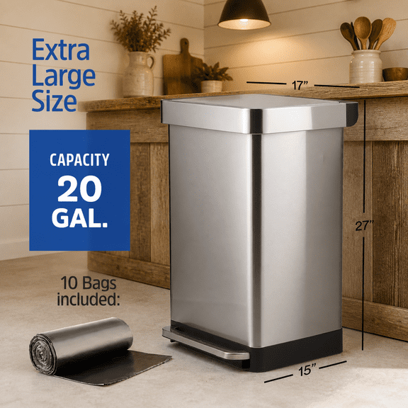 Black 20 Gallon Stainless Steel Large Kitchen Trash Can With Foot Pedal