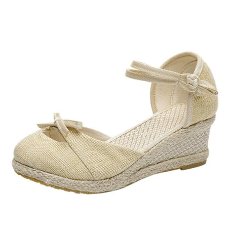

Alueeu ladies shoes casual Fashion Women Summer Weave Bow Comfortable Wedges Shoes Beach Round Toe Breathable Sandals Beige 40